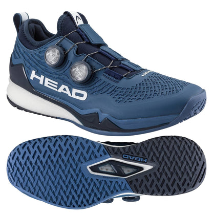 The HEAD Endure Pro BOA Men's Tennis Shoes in dark blue/navy feature white "HEAD" branding, textured mesh, dual BOA dials, and a patterned rubber sole. Shown from side and sole views, they're built for court durability.