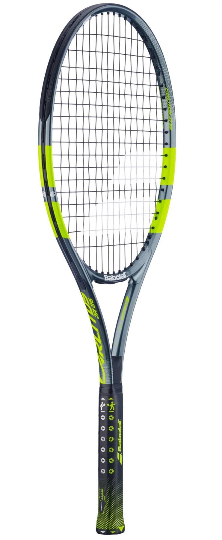 The Babolat Carlitos Junior 26 Tennis Racket features a gray and neon yellow design, black strings, "Babolat" branding on the shaft and handle, and a black grip with green accents—ideal for junior players.
