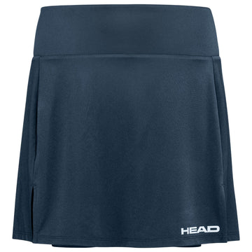 The HEAD Club Basic Women's Tennis Skort Long in navy features a wide waistband, subtle side slit, and white "HEAD" logo on the lower right. Made with moisture transfer microfibre for performance and style.