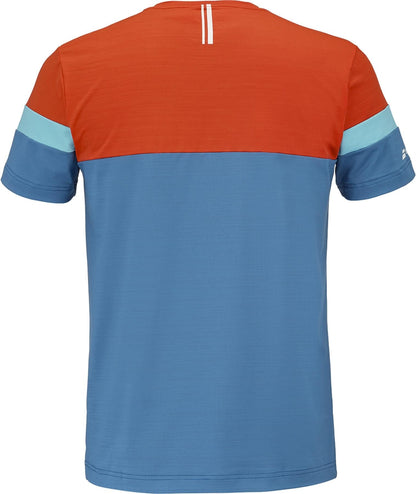 The Babolat Crew Neck Men’s Tennis T-Shirt - Seaport features a red upper back, light blue sleeve stripes, blue lower section, and two thin white vertical lines on the upper back for a stylish look from this popular Babolat brand.