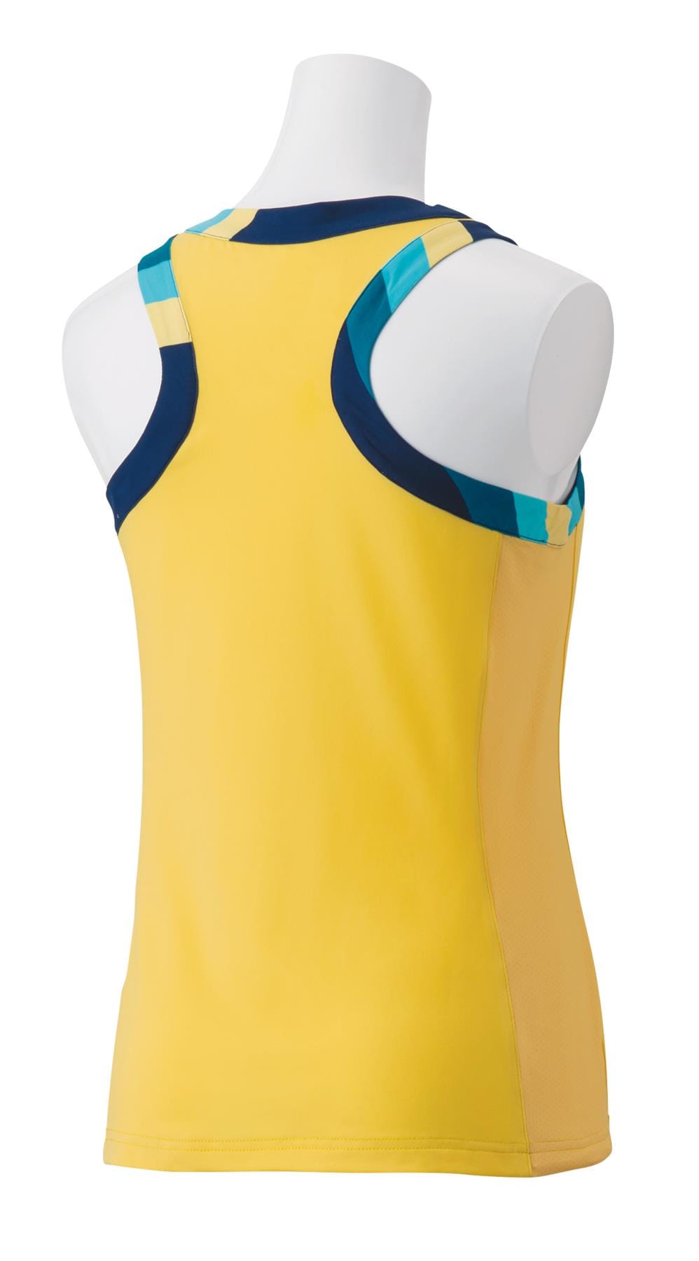 The Yonex 20753EX Women's Tennis Tank Top in Soft Yellow is a sleeveless design adorned with blue and turquoise accents, displayed from the back on a white mannequin torso. Equipped with VeryCool technology, it provides UV Reduction to ensure comfort and protection during your game.
