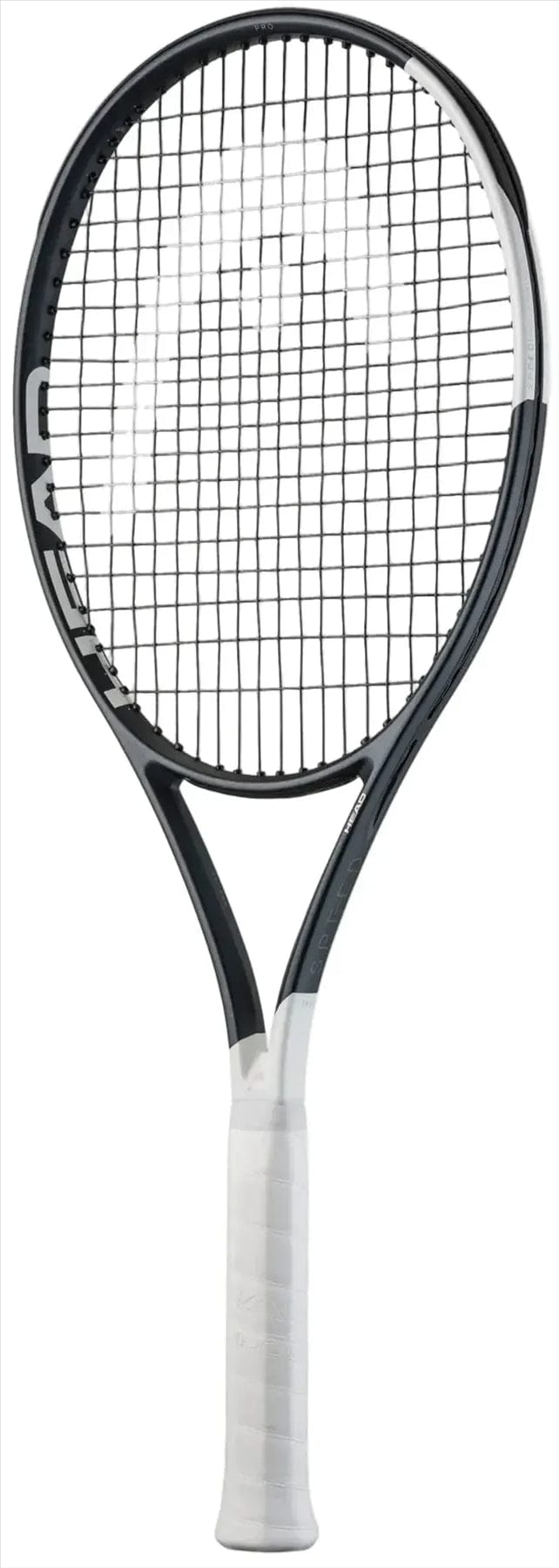 The HEAD Speed Pro 2026 Tennis Racket - Black / White by HEAD, featuring a black frame, black strings, and a white grip, is displayed against a plain white background.