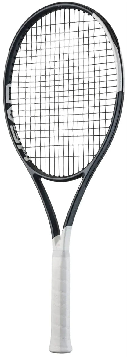 The HEAD Speed Pro 2026 Tennis Racket - Black / White by HEAD, featuring a black frame, black strings, and a white grip, is displayed against a plain white background.