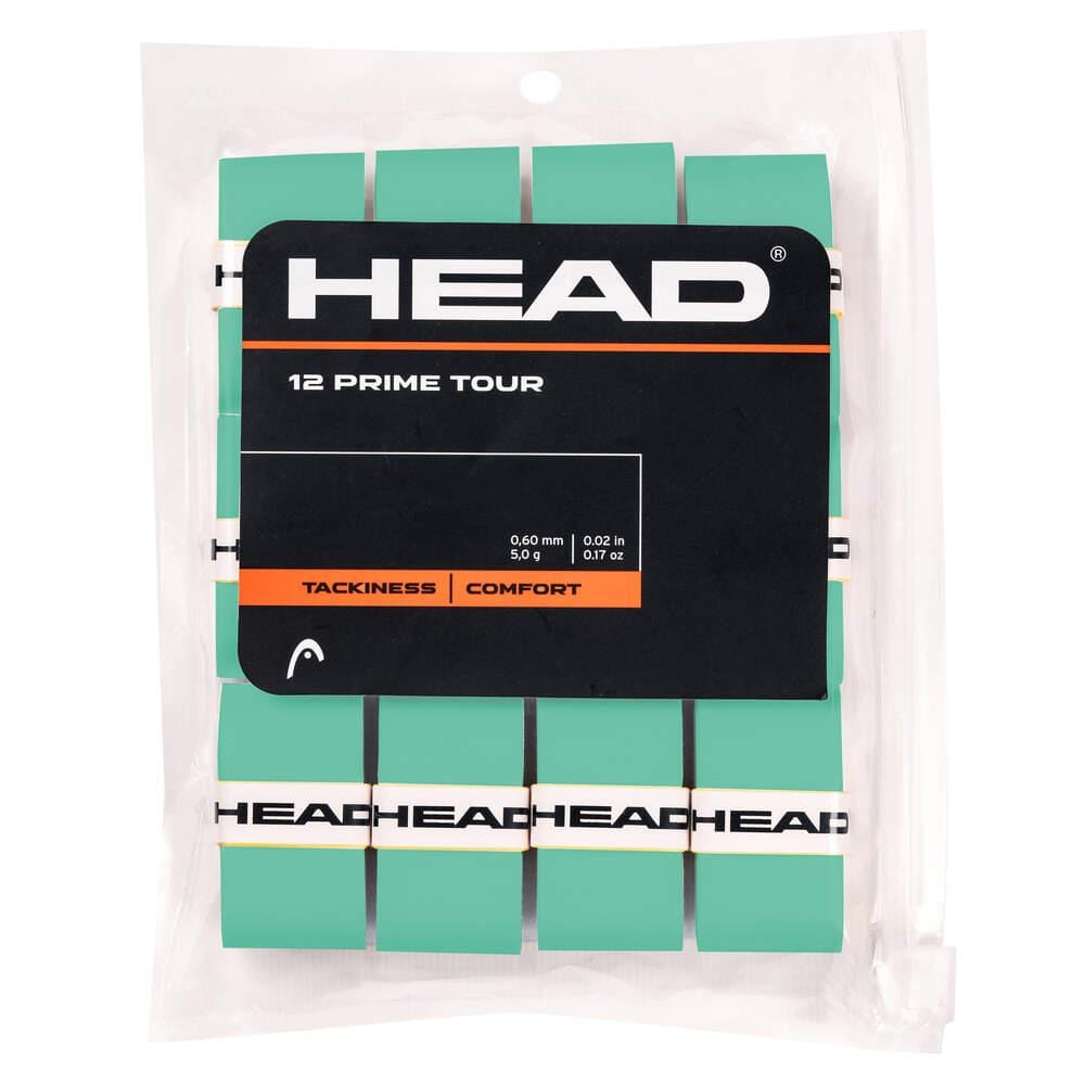 The HEAD Prime Tour Tennis Overgrip (12 Pack) in mint by HEAD comes in clear plastic packaging with a black label, offering enhanced feel and comfort for players.