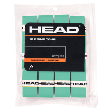 The HEAD Prime Tour Tennis Overgrip (12 Pack) in mint by HEAD comes in clear plastic packaging with a black label, offering enhanced feel and comfort for players.
