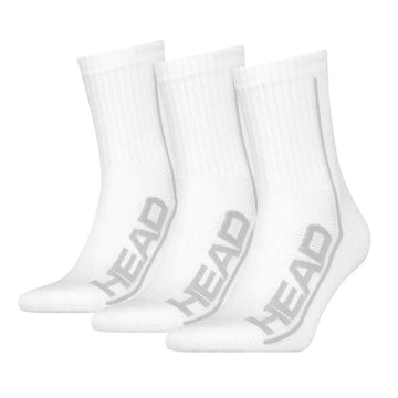 Displayed upright on a simple white background are three pairs of HEAD Performance Tennis Socks (3 Pack) in white, with gray "HEAD" lettering along the sides. Designed for ultimate comfort on the court, these socks feature arch support and shock absorption.
