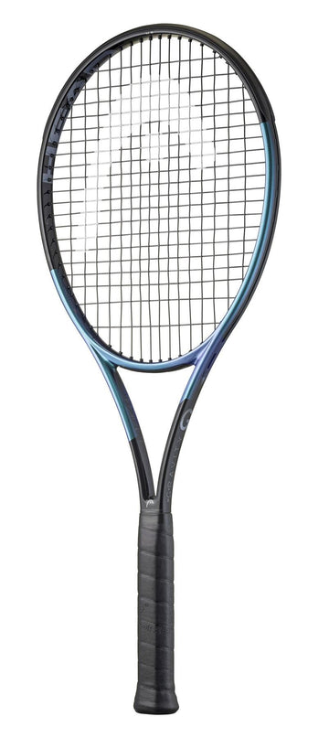 The HEAD Gravity MP 2025 Tennis Racket by HEAD, shown with a black and dark blue frame, black strings, and black grip on a white background, features Auxetic 2.0 technology for an enlarged sweetspot.