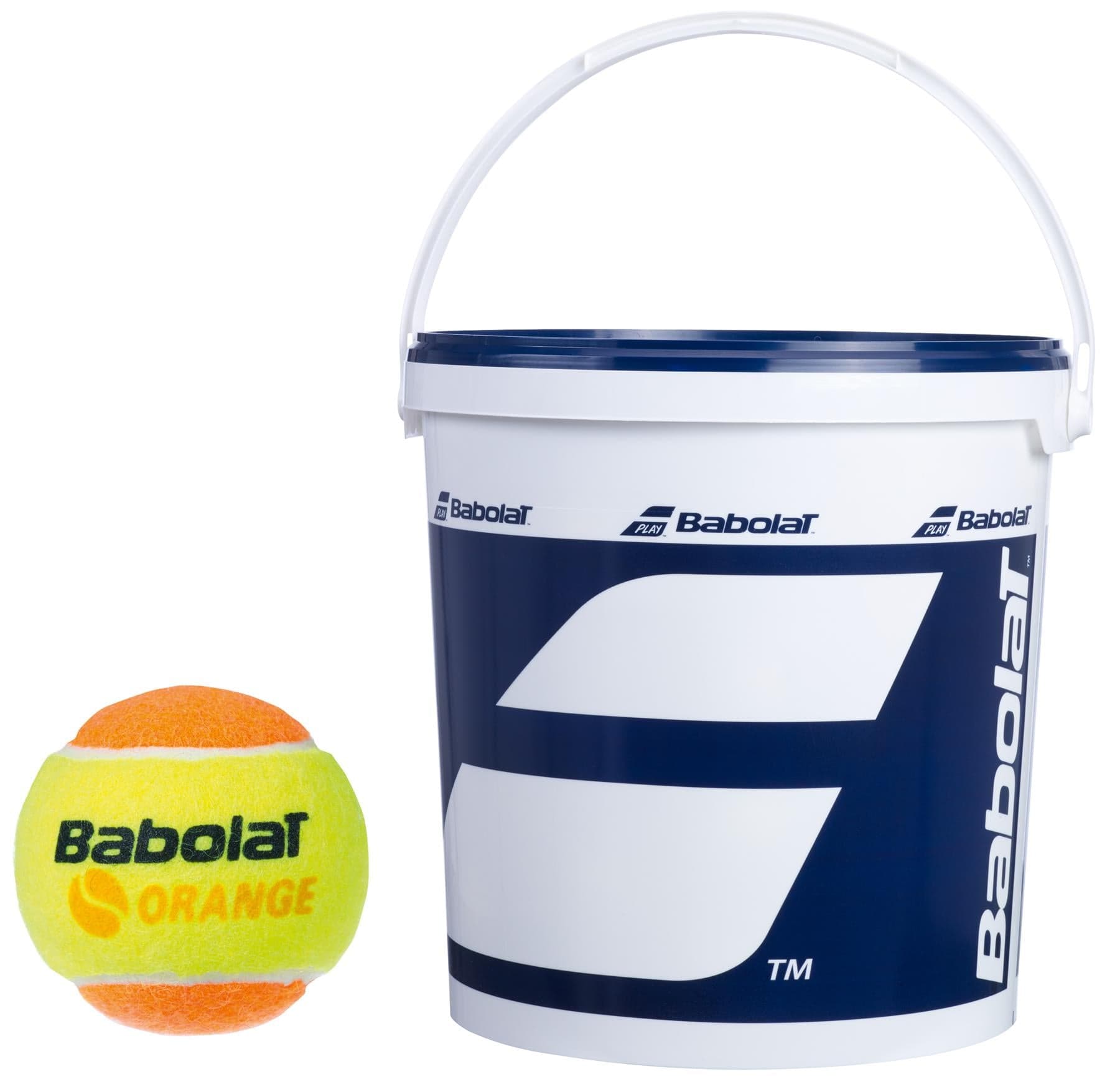 A Babolat Initiation Stage 2 Orange Tennis Ball, featuring a yellow and orange design with "Babolat Orange" branding, sits next to a large white bucket equipped with a blue lid and handle. Ideal for children's training, the bucket prominently showcases the blue and white Babolat logo.