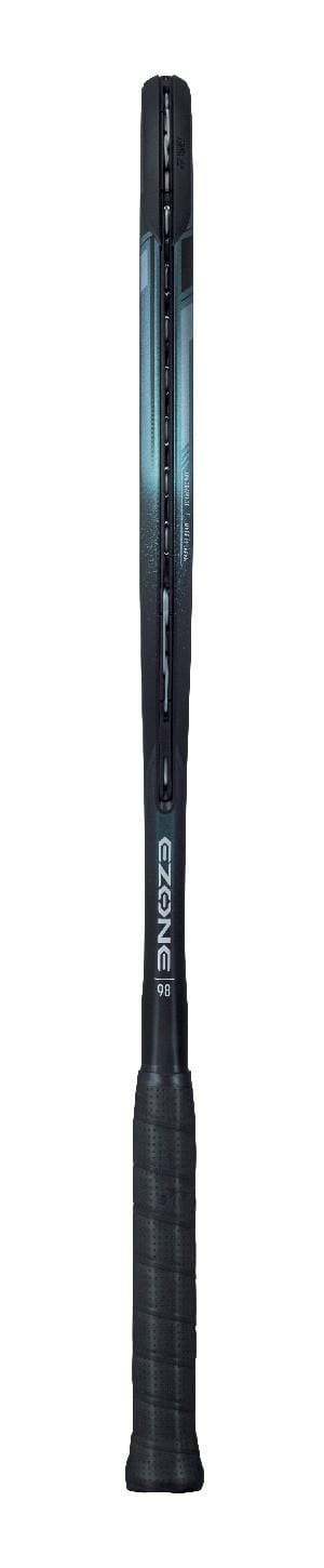 Image of a Yonex EZONE 98 Tennis Racket in Aqua Night Black with a matte finish, showcasing the brand name "Yonex" on the handle. The side profile emphasizes its slim, aerodynamic design and innovative 2G-Namd Speed technology for enhanced performance.