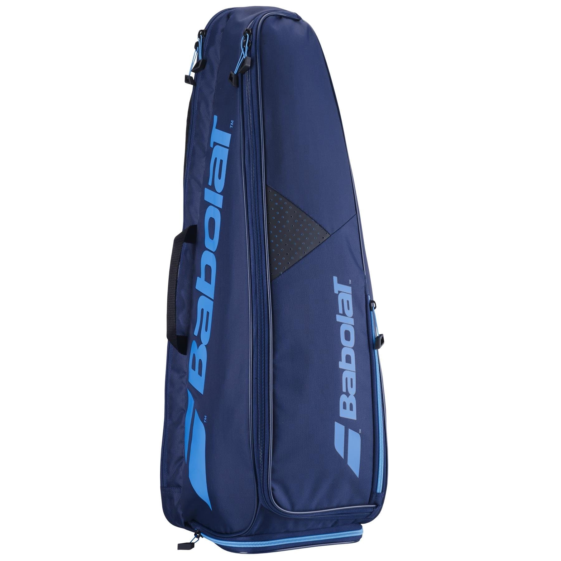 The Babolat Backrack 3 Tennis Bag in dark blue stands upright, prominently showcasing the Babolat brand name in bold white letters. Made from recycled polyester, it features multiple racket compartments and zippers, with vibrant blue accents and a convenient handle on top.