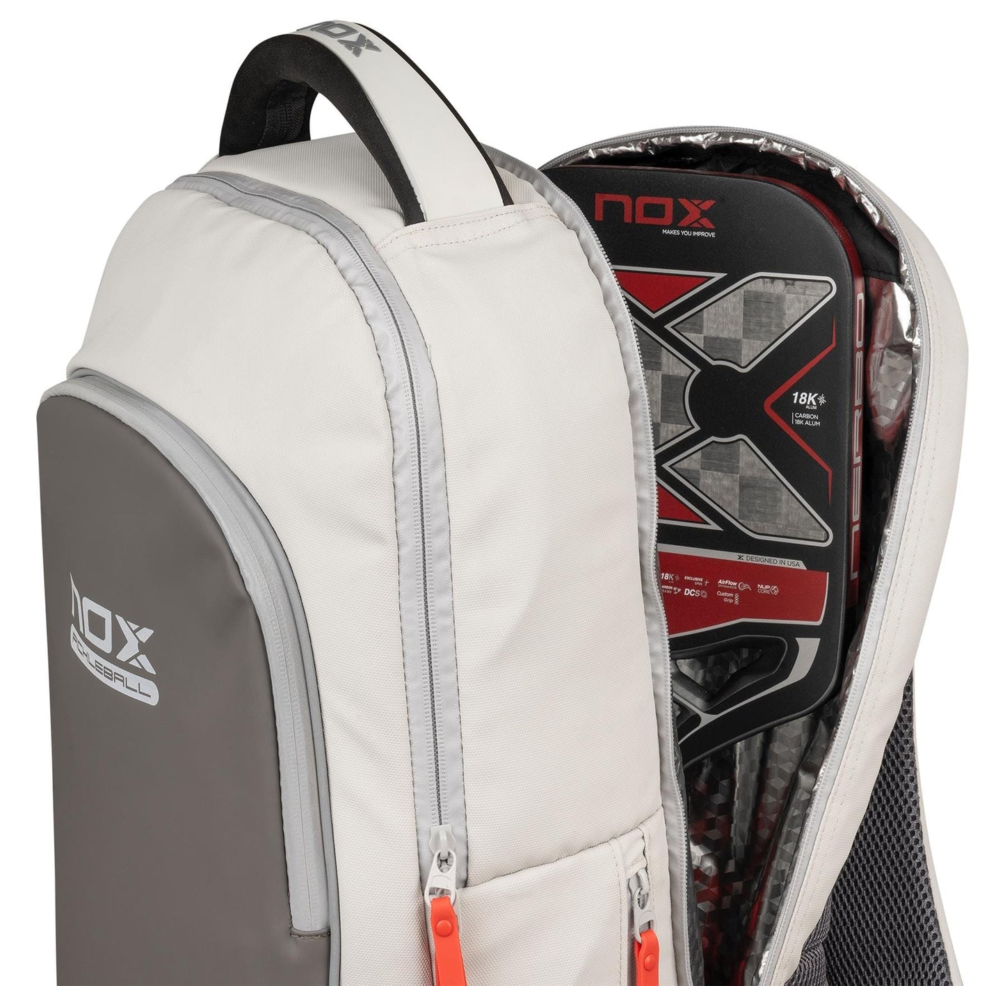 A cream NOX Pro Pickleball Backpack is partially unzipped, showing a black and red NOX paddle racket in its padded compartment; the backpack features ergonomic padded straps for comfort.