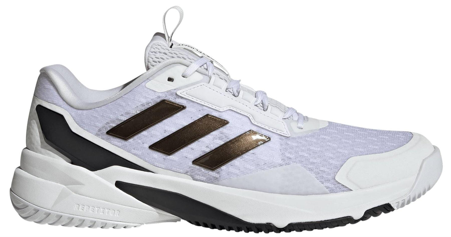 The adidas Crazyflight 6 Men's Indoor Tennis Shoes in white feature metallic bronze stripes, a black and white sole, breathable mesh upper, and lace-up closure—ideal for indoor court sports fans.
