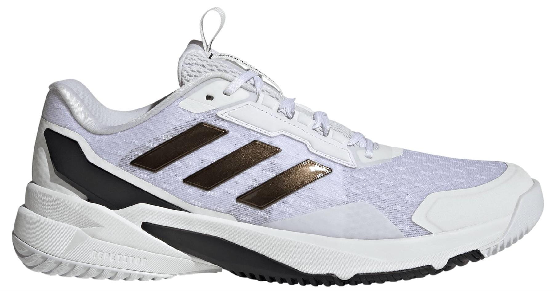 The adidas Crazyflight 6 Men's Indoor Tennis Shoes in white feature metallic bronze stripes, a black and white sole, breathable mesh upper, and lace-up closure—ideal for indoor court sports fans.