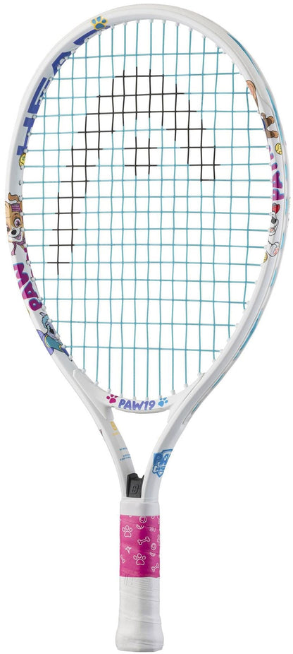 The HEAD x Paw Patrol 19 Junior Tennis Racket in white features blue strings, cartoon animal graphics, and a pink paw-print grip—ideal for young players seeking a fun beginner's racket.