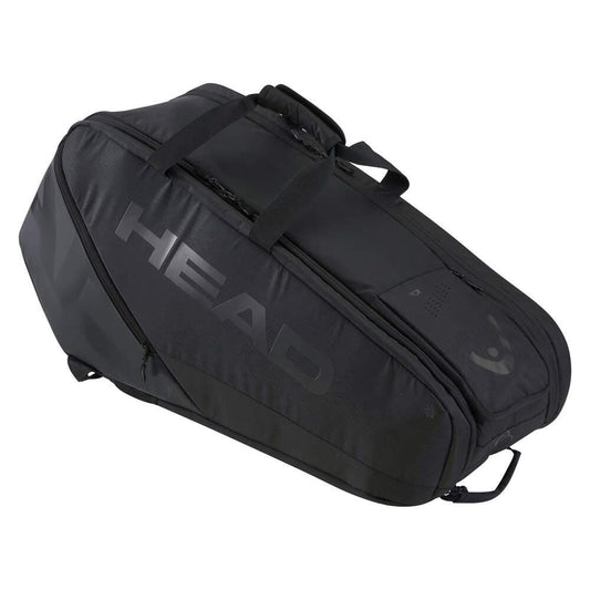 The HEAD Pro X Legend 9 Tennis Racket Bag L in black, inspired by Novak Djokovic, features multiple zippered compartments and comfortable shoulder straps. Crafted for tennis equipment, it showcases an aerodynamic design with the HEAD logo and integrates CCT+ climate control technology to safeguard your gear.