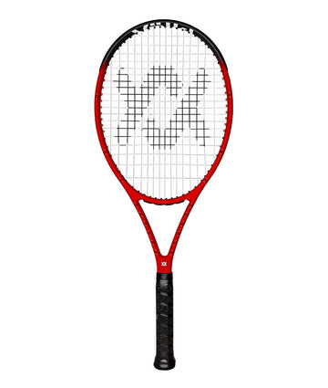 The Volkl Vostra V8 285g Tennis Racket - Red is a striking red and black racket from the Volkl brand, boasting a logo pattern woven into the strings for a sleek, modern appearance. Its Catapult Effect technology combined with a comfortable black grip handle delivers powerful performance on the court.
