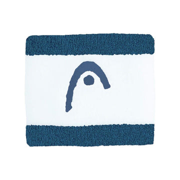 The HEAD 2.5" Striped Tennis Wristband in teal and white features thick teal stripes on the edges and a stylized dark blue HEAD logo resembling an arch with a dot underneath in the center.