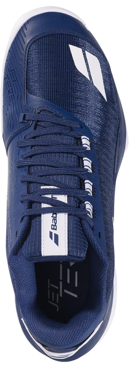 The Babolat Jet Tere 2 Premium All Court Men's Tennis Shoes in dark blue feature lightweight mesh fabric, white accents, a white logo on the side and tongue, and a textured toe area for enhanced style and comfort.