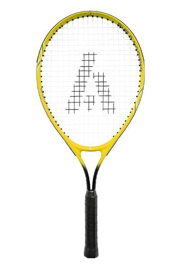 The Ashaway 21 Junior Tennis Racket in yellow features a black grip and strings that create a geometric logo pattern at the center of the head. Its slender frame is crafted from durable aluminum with a glossy finish, making it perfect for beginners looking to hone their skills.