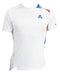 Introducing the K-Swiss Le Coq Sportif Pro Men's Tennis T-Shirt in Optical White and Blue, this short-sleeve shirt showcases a stylish blue, red, and white design on the shoulder, complemented by a subtle logo on the chest. Crafted from breathable polyester, it offers exceptional fluidity in movement for unmatched comfort and performance.