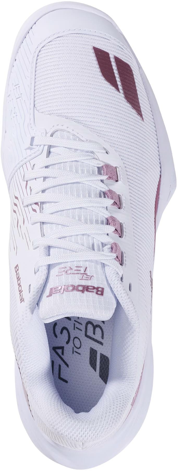A top view of the Babolat Jet Tere 2 All Court Women's Tennis Shoes in white and golden pink, featuring a breathable mesh upper, cushioned collar, lace eyelets, and "Babolat" branding on the tongue and side.