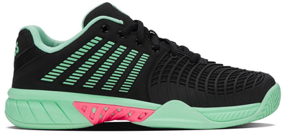 The K-Swiss Express Light 3 Women’s Tennis Shoes in Black/Neon Mint/Pastel Pink feature black uppers, neon mint accents and stripes, pink midsole details, mint lining, and black laces for a fresh, court-ready look.