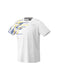 Introducing the Yonex 16737EX Lee Chong Wei LCW T-Shirt in white, this stylish piece features abstract blue and yellow streak patterns on the upper left side. It boasts a plain design on the right side and incorporates UV Reduction technology for added protection. Additionally, it includes discreet text detailing on the front chest and shoulder, all part of Yonex's LCW series inspired by Lee Chong Wei.