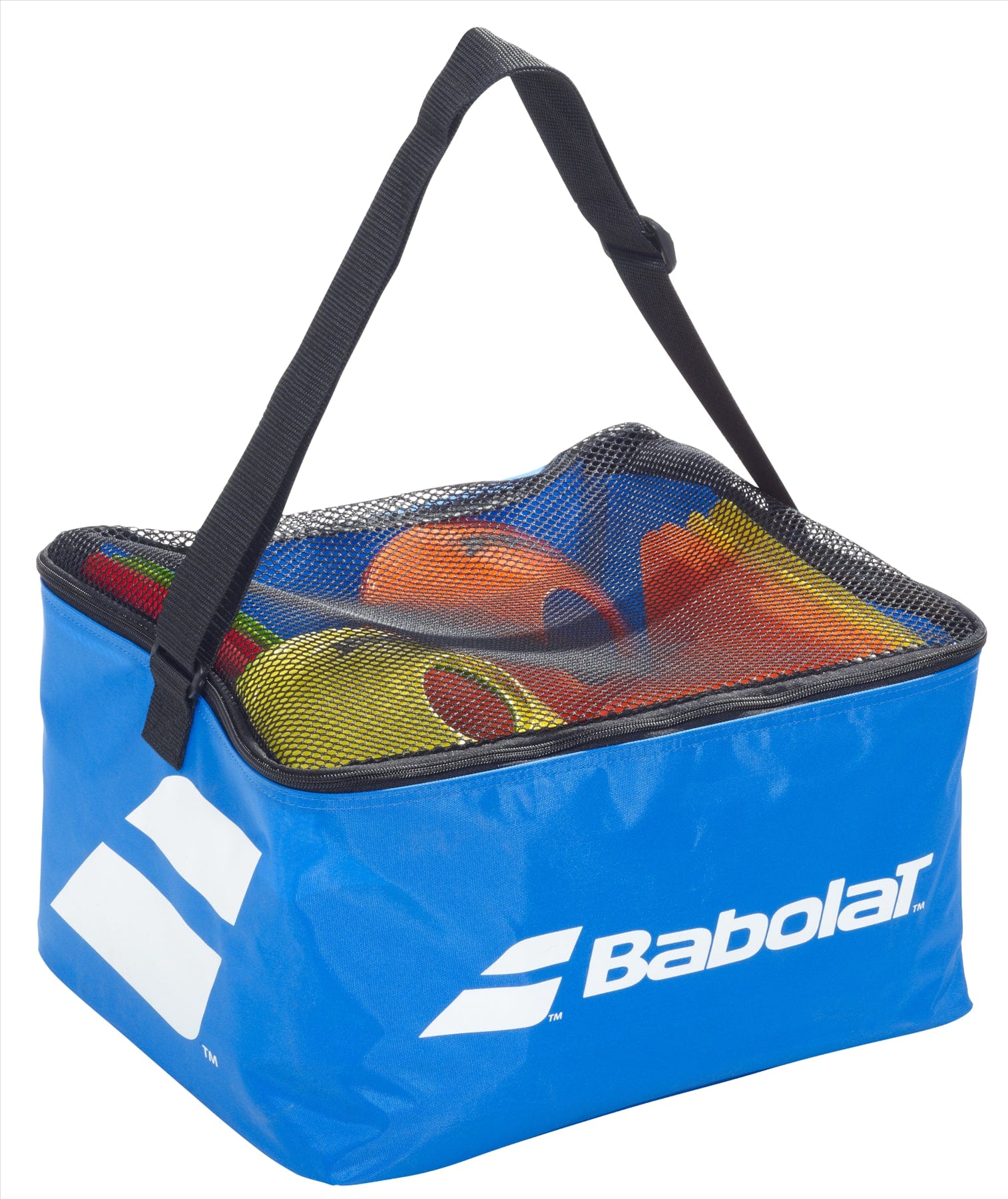 The Babolat Mini Tennis Training Kit, featuring a blue bag with a black handle and mesh top, is perfect for tennis practice. Inside, an array of colorful accessories like balls and possibly cones can be seen. This kit is specifically designed for sports equipment storage and is ideal for any mini tennis session with Babolat.
