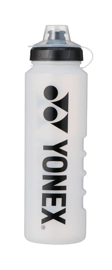 Presenting the Yonex AC590 Sports Bottle - Black, ideal for tennis enthusiasts. This elegant bottle, featuring the brand name "YONEX" in bold black letters on a white background and equipped with a secure black lid, guarantees optimal hydration both on and off the court.