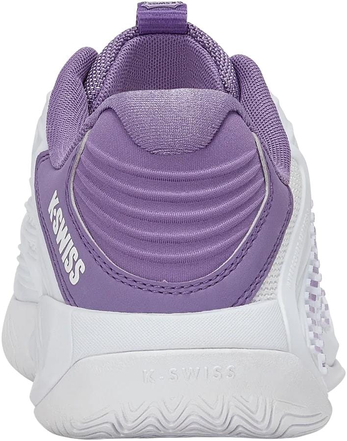 Rear view of the K-Swiss Hypercourt Express 3 Womens Tennis Shoes in White, Purple Haze, and Lunar Rock, showing ribbed heel padding, K-Swiss logos on the side and heel, plus a cushioned Surgelite+ midsole for comfort.