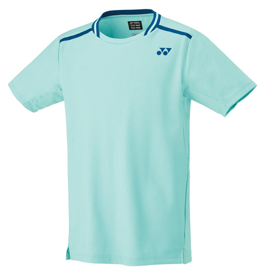 The Yonex 10559EX Men's Tennis T-Shirt in Cyan includes VeryCool technology, adorned with a subtle logo on the upper right chest. It boasts dark blue accents around the collar and shoulders, and its breathable fabric with UV Reduction is ideal for both sports and casual wear.