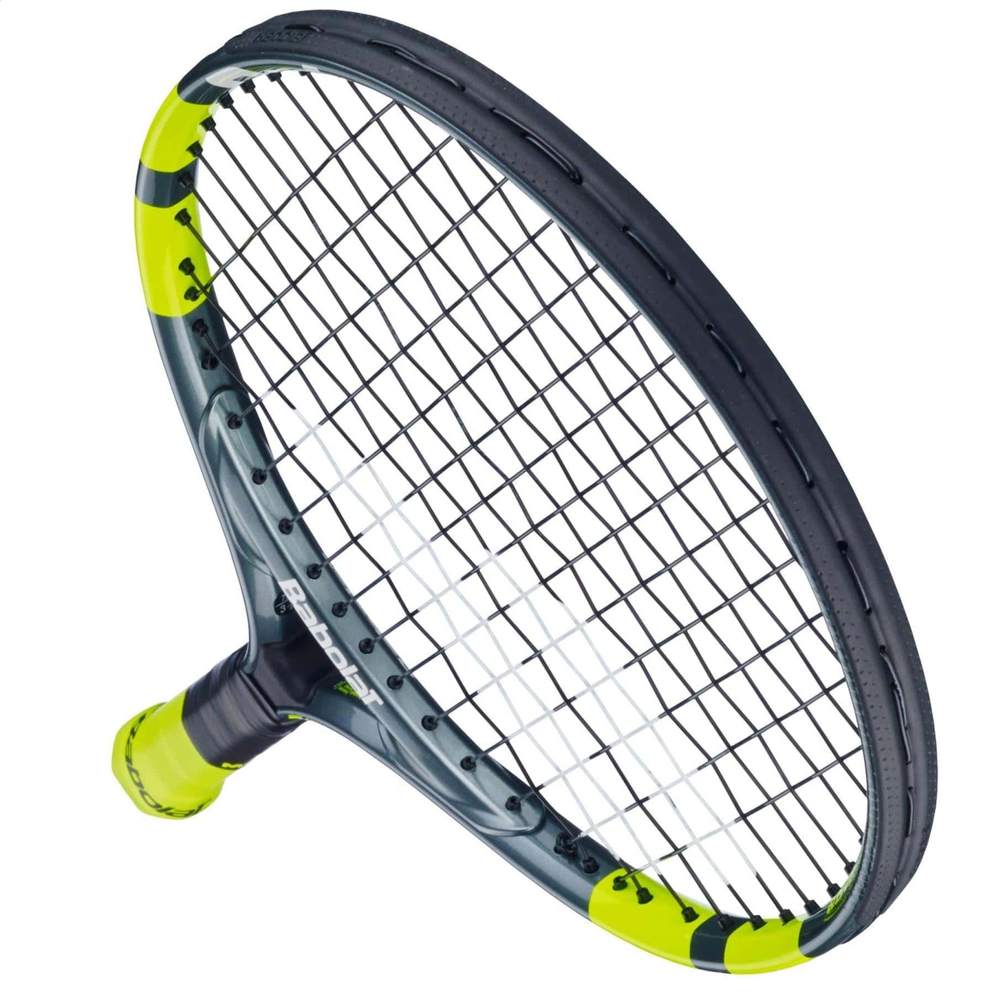 A close-up of the Babolat Carlitos Junior 19 Tennis Racket by Babolat, showcasing its black frame with neon yellow accents and black strings, set against a white background.