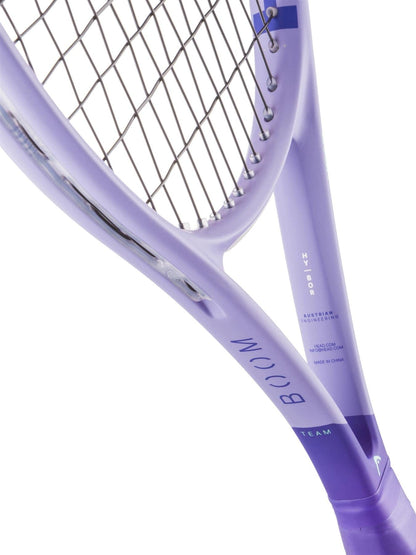 Close-up of the HEAD Boom Team Alternate 2026 Tennis Racket in purple, designed for beginners, highlighting the strings, frame, "BOOM" branding on the side, specifications, and HEAD logo for added power.