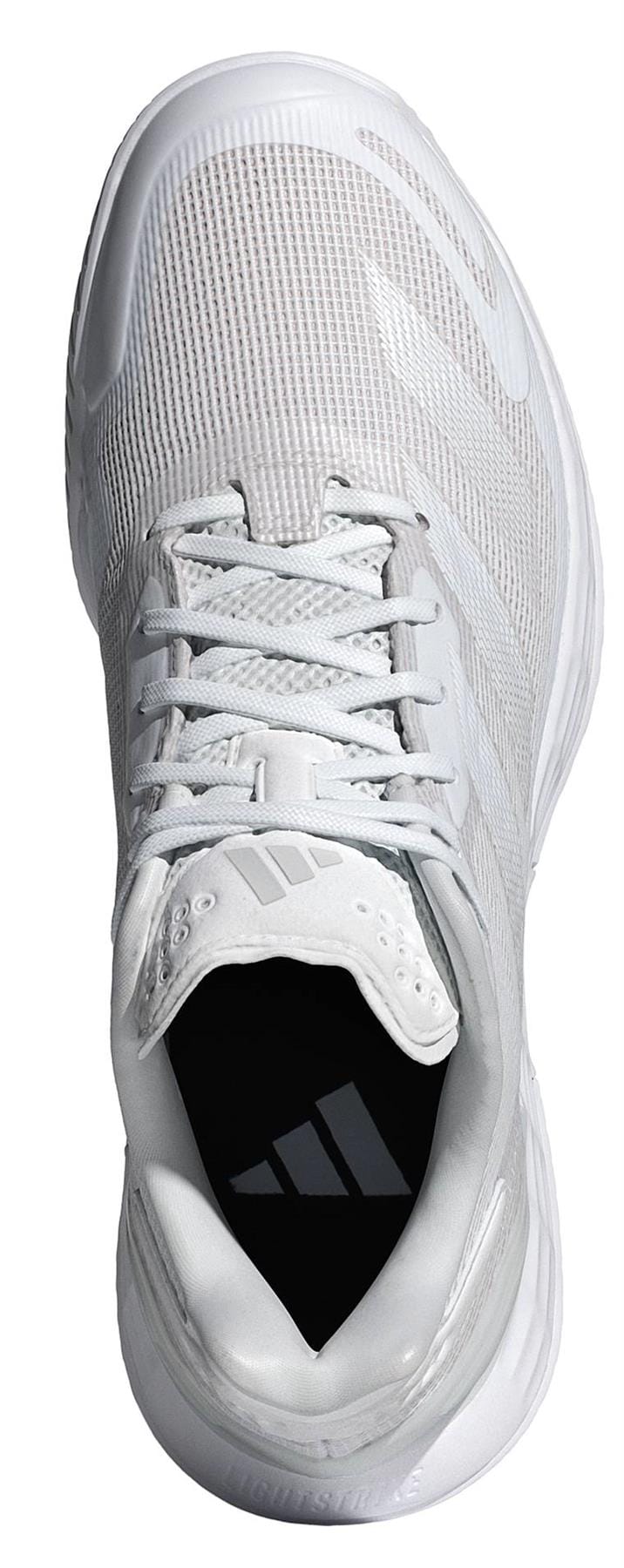 Top view of the adidas Defiant Speed 2 Womens Tennis Shoes in white, featuring a lightweight mesh upper, white laces, three diagonal stripes on the tongue and insole, textured sole, and a sleek modern design.
