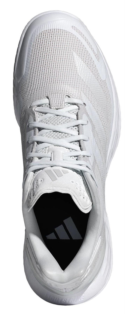 Top view of the adidas Defiant Speed 2 Womens Tennis Shoes in white, featuring a lightweight mesh upper, white laces, three diagonal stripes on the tongue and insole, textured sole, and a sleek modern design.