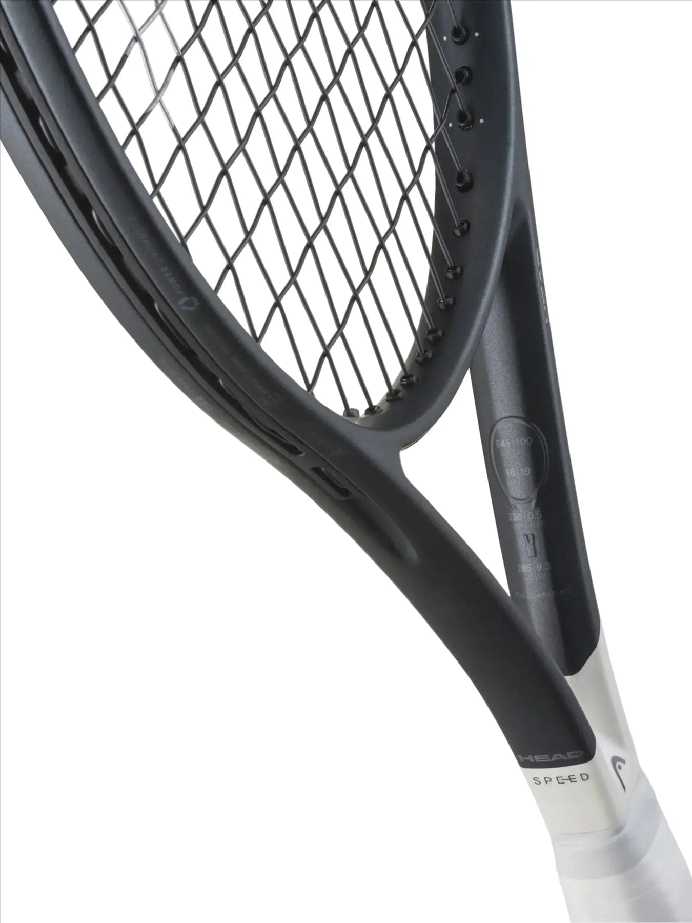 Close-up of the HEAD Speed MP UL 2026 Tennis Racket by HEAD, featuring its black and white frame and strings, with the ultralight design highlighted against a plain background.
