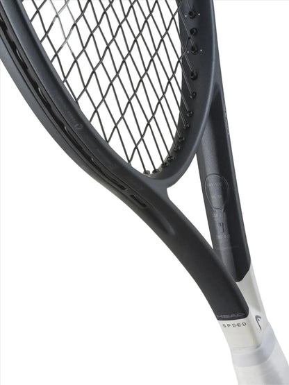 Close-up of the HEAD Speed MP UL 2026 Tennis Racket by HEAD, featuring its black and white frame and strings, with the ultralight design highlighted against a plain background.