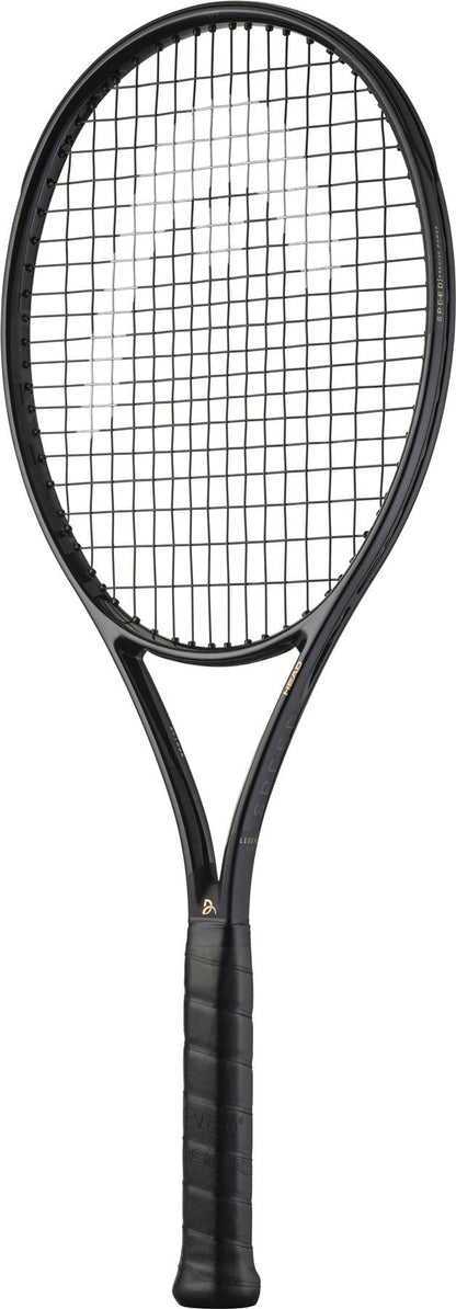 The HEAD Speed MP Legend 2025 Tennis Racket by HEAD, in sleek black and gold with a black grip and oval head like Novak Djokovic’s, is shown on a white background.