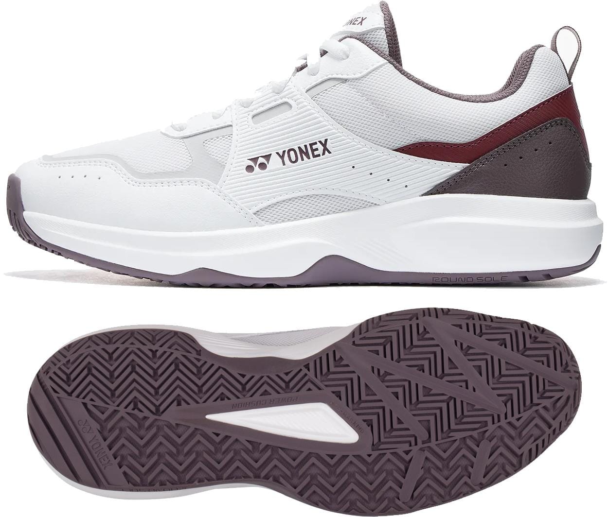 The Yonex Pro-Move Classic WIDE Men's Tennis Shoes in White/Red are shown from the side and bottom, featuring a textured sole for grip and Power Cushion technology by Yonex for enhanced comfort during play.