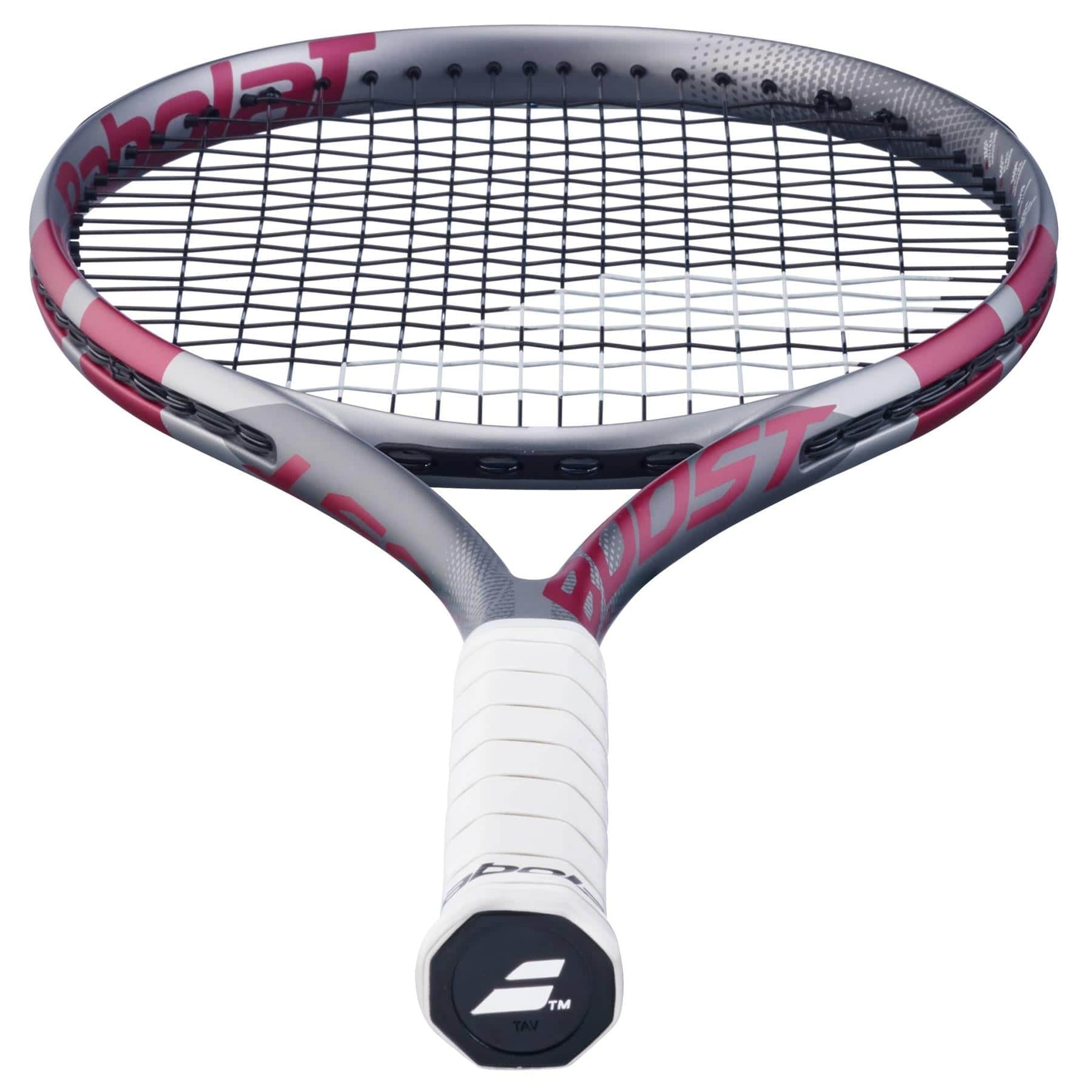 A close-up of the Babolat Boost Aero Pink 2026 Tennis Racket shows a white grip, black strings, and a gray and pink frame—ideal for entry-level players. The Babolat logo appears on the handle end.