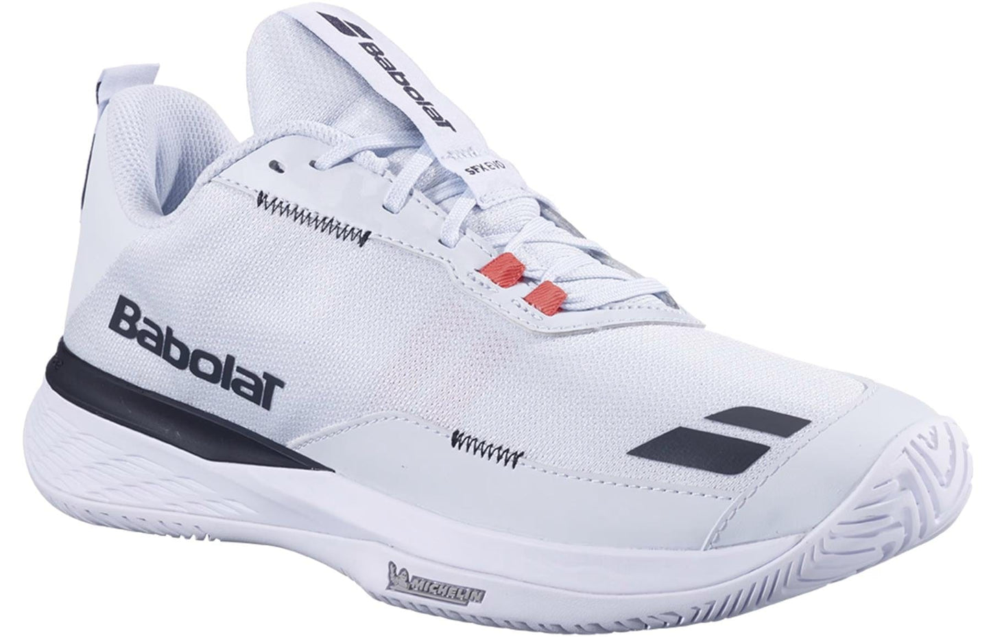 The Babolat SFX EVO All Court Men's Tennis Shoes in Illusion Blue and Black feature the Babolat logo on the side and a textured sole for optimal tennis grip and footwork.