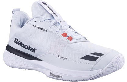 The Babolat SFX EVO All Court Men's Tennis Shoes in Illusion Blue and Black feature the Babolat logo on the side and a textured sole for optimal tennis grip and footwork.