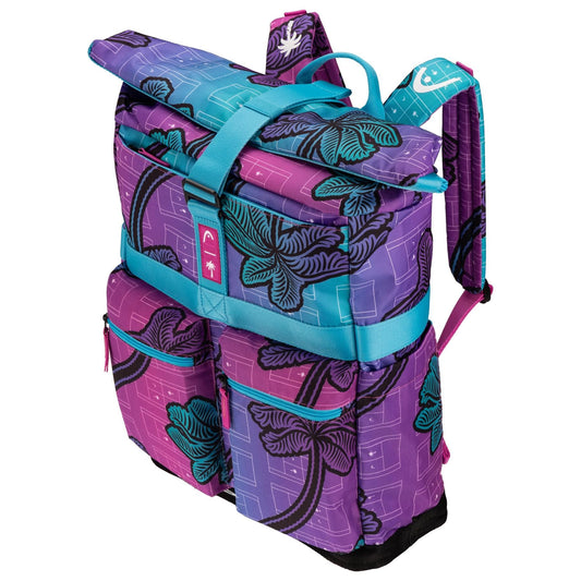 Stand out on and off the court with the HEAD Tour 30L Tennis Backpack - Palm Tree Crew, featuring a bold purple and pink geometric pattern, black palm trees, turquoise straps, roll-top closure, and two front pockets.