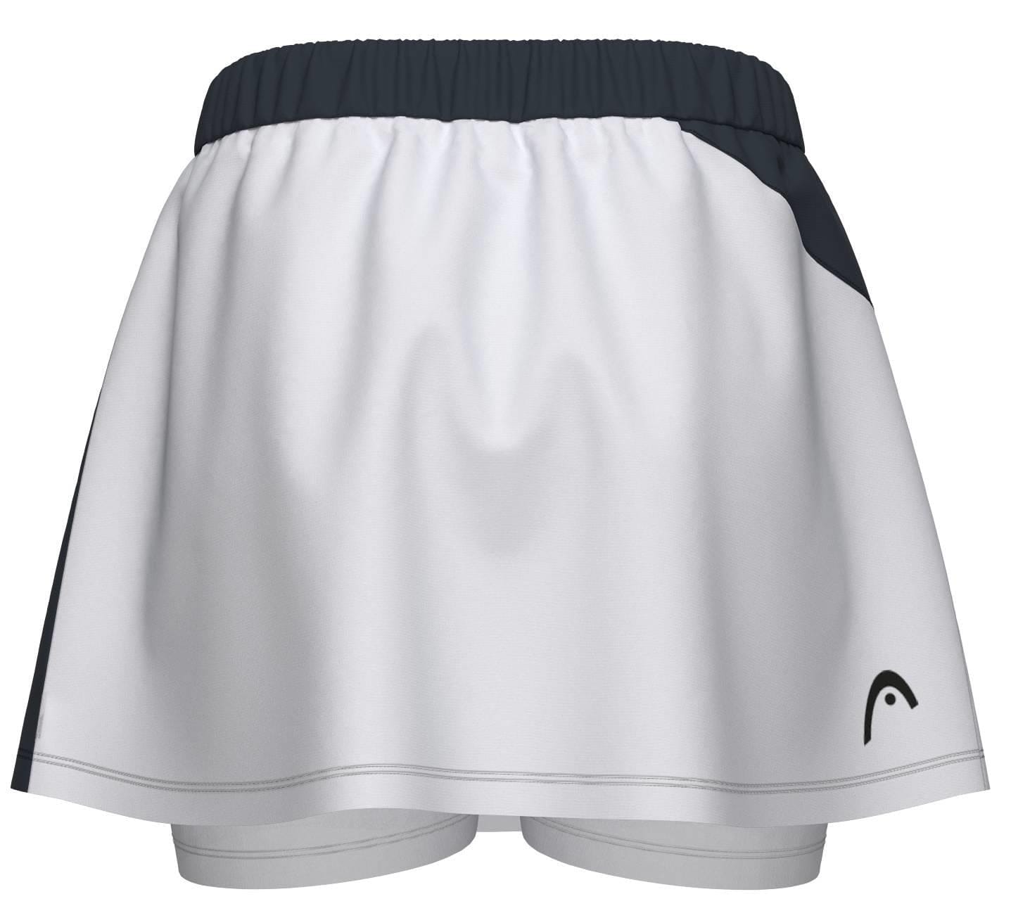 The HEAD Dynamic Womens Tennis Skort in Navy/White features a sporty design with a navy elastic waistband, moisture-wicking technology, and built-in white shorts for comfort and performance. Navy side detail and small front logo finish the look.