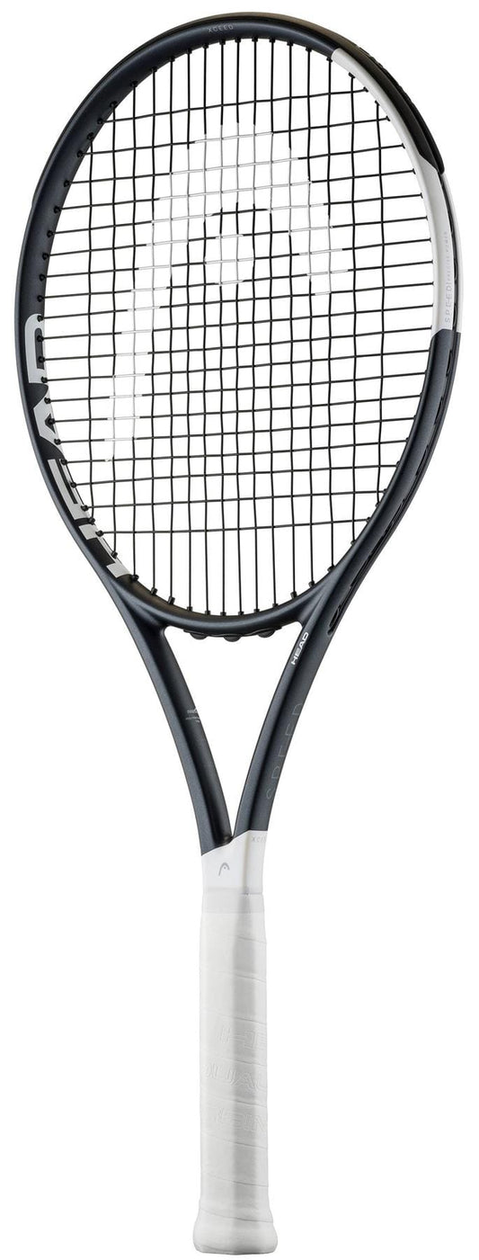 The HEAD IG Speed XCEED Tennis Racket features a black and white frame with white grip and black strings, plus the "HEAD" logo—making it an ideal beginner’s racket.