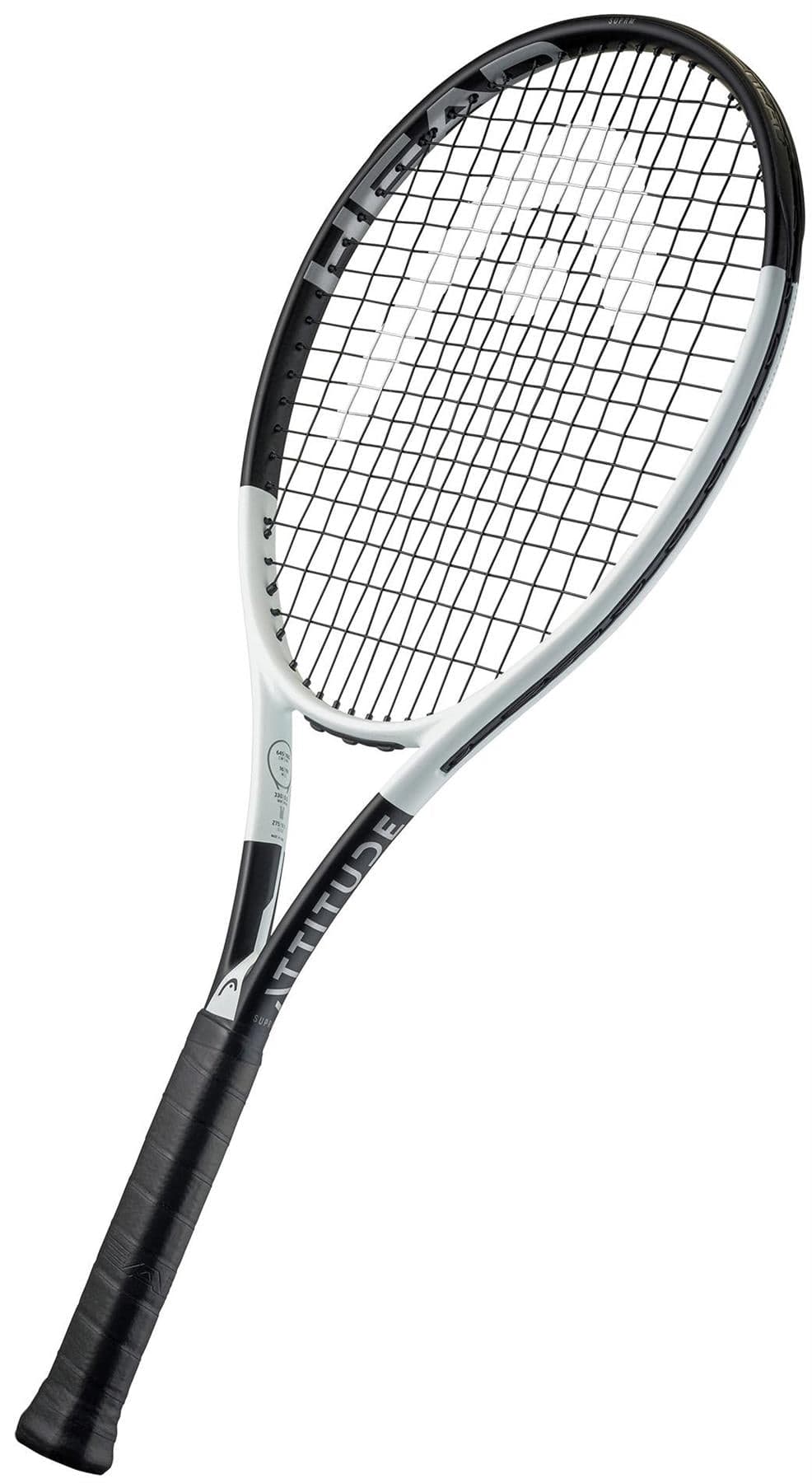 The HEAD MX Attitude SUPRM Tennis Racket by HEAD, shown with a black grip on a white background, is an ideal lightweight tennis racket for beginners.