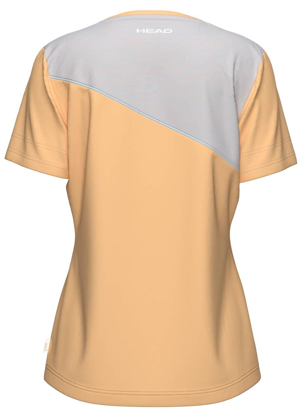Back view of the HEAD Tie-Break Women’s Tennis T-Shirt in light peach, featuring a diagonal light gray mesh panel for breathability and "HEAD" printed in white near the neckline.