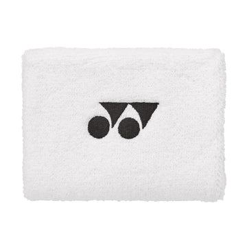 The Yonex AC492 Wristband in white features a black embroidered logo with a geometric design of overlapping circles and triangles, making it ideal for use on the court.