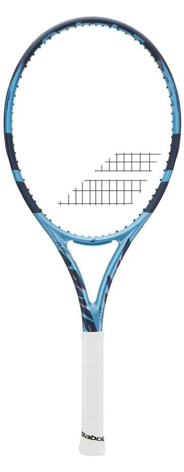 The Babolat Pure Drive Lite 2025 Tennis Racket, shown upright with a blue and black frame and white grip, is perfect for beginners seeking quality from Babolat.