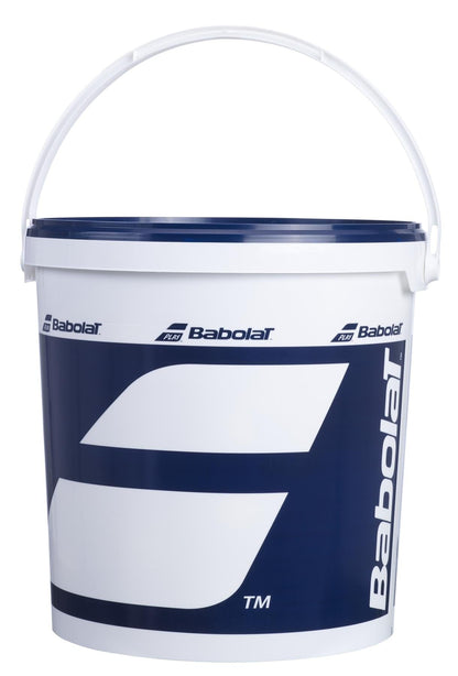 A white and blue plastic bucket from Babolat, prominently displaying the brand's logo on the side and equipped with a handle, is ideal for storing Babolat Initiation Stage 2 Orange Tennis Balls. These balls are specifically designed to slow down speed during children's training sessions.